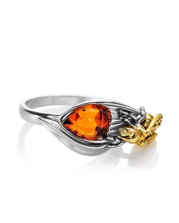 Sterling Silver Ring With Cognac Amber The Bee, Ring Size: 9.5 / 19.5, image 