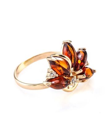 Gold-Plated Ring With Cognac Amber And Crystals The Verbena, Ring Size: 11.5 / 21, image 