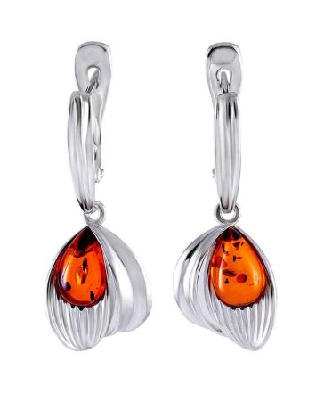 Adorable Silver Drop Earrings With Cognac Amber The Bee, image 