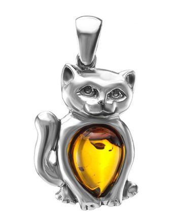 Silver Cat Pendant With Cognac Amber, image 