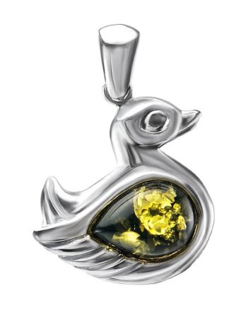 Silver Duck Pendant With Green Amber, image 