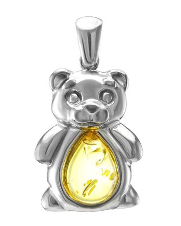 Silver Teddy Bear Pendant With Lemon Amber, image 