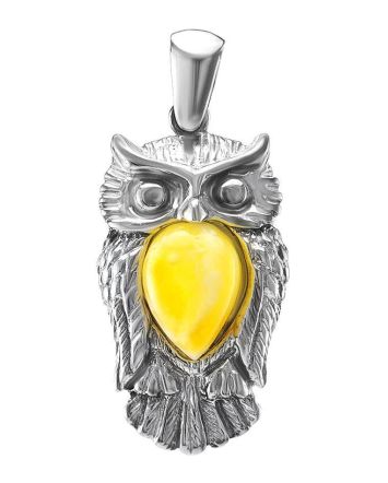 Sterling Silver Owl Pendant With Honey Amber, image 