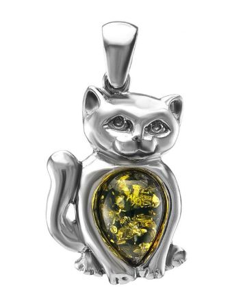 Silver Cat Pendant With Green Amber, image 