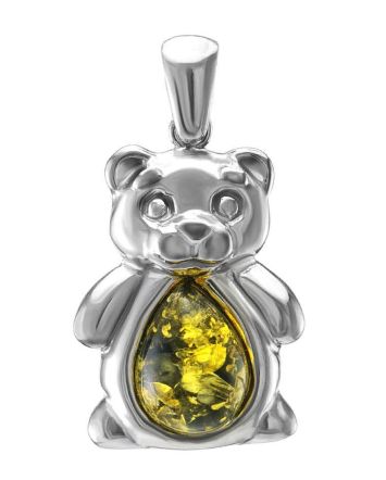 Silver Teddy Bear Pendant With Green Amber, image 