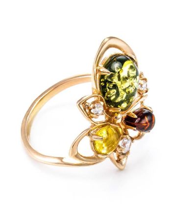 Multicolor Amber Ring In Gold-Plated Silver With Crystals The Edelweiss, Ring Size: 6.5 / 17, image 