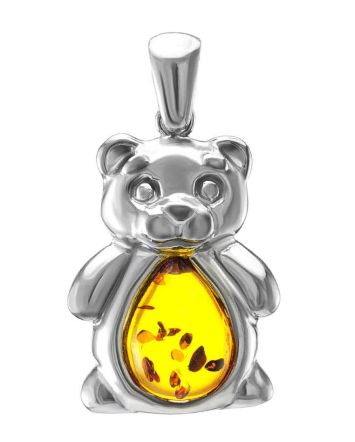 Silver Teddy Bear Pendant With Cognac Amber, image 