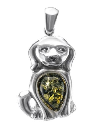 Silver Puppy Pendant With Green Amber, image 