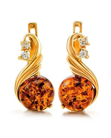 Elegant Amber Earrings In Gold With Crystals The Swan, image 