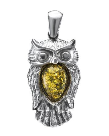 Silver Owl Pendant With Green Amber, image 