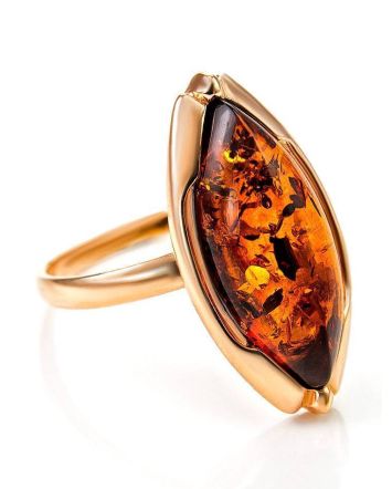 Bright Gold-Plated Ring With Cognac Amber The Ballade, Ring Size: 5.5 / 16, image 