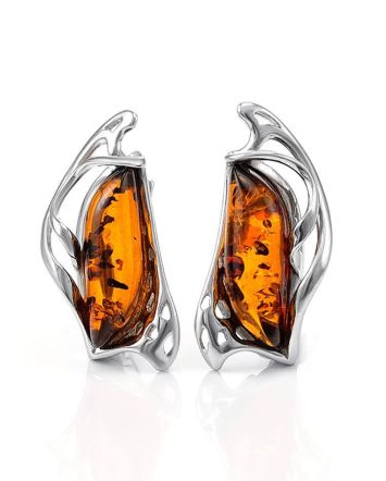 Bold Silver Earrings With Cognac Amber The Illusion, image 