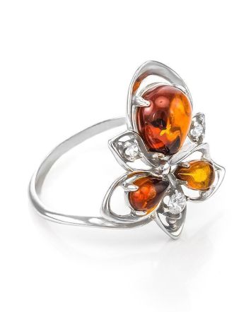 Bold Silver Ring With Cognac Amber And Crystals The Edelweiss, Ring Size: 11.5 / 21, image 