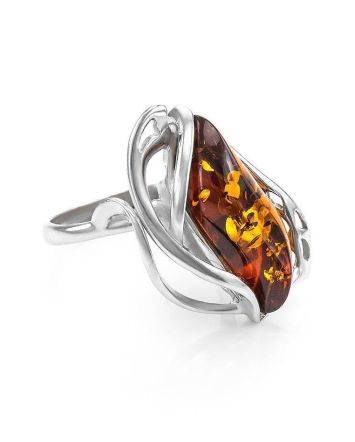 Bold Silver Ring With Cognac Amber The Illusion, Ring Size: 13 / 22, image 