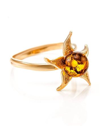 Wonderful Gold Plated Ring With Luminous Cognac Amber The Persimmon, Ring Size: 11.5 / 21, image 