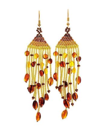 Braided Earrings With Cognac Amber And Yellowish Glass Beads The Fable, image 