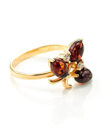 Gold-Plated Ring With Cherry Amber And Crystals The Verbena, Ring Size: 11.5 / 21, image 