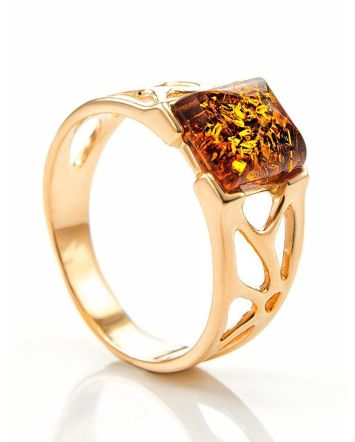 Bold Gold-Plated Ring With Cognac Amber The Artemis, Ring Size: 13 / 22, image 