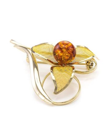 Cognac Amber Brooch In Gold Plated Silver The Beoluna, image 