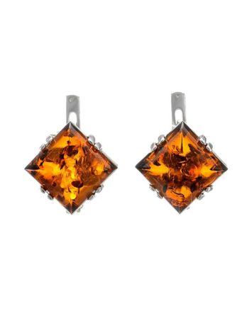 Geometric Silver Earrings With Cognac Amber The Astoria, image 