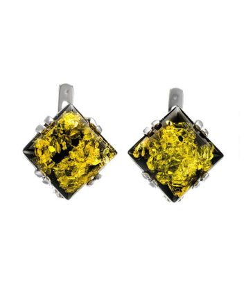 Geometric Silver Earrings With Green Amber The Astoria, image 