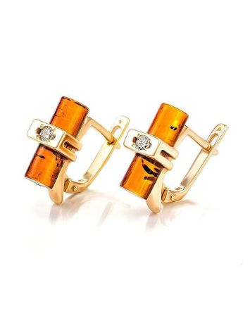 Cylindrical Shape Baltic Amber Earrings In Gold With Crystals The Scandinavia, image 