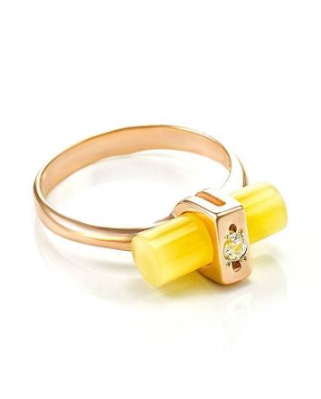 Cylindrical Cut Amber In Gold With Crystals The Scandinavia, Ring Size: 6.5 / 17, image 