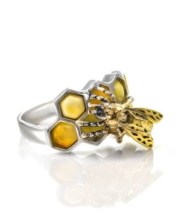 Honey Amber Ring In Sterling Silver The Bee, Ring Size: 7 / 17.5, image 