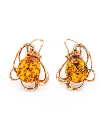Floral Gold-Plated Earrings With Cognac Amber The Daisy, image 