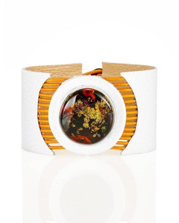White Leather Bracelet With Green Amber The Amazon, image 