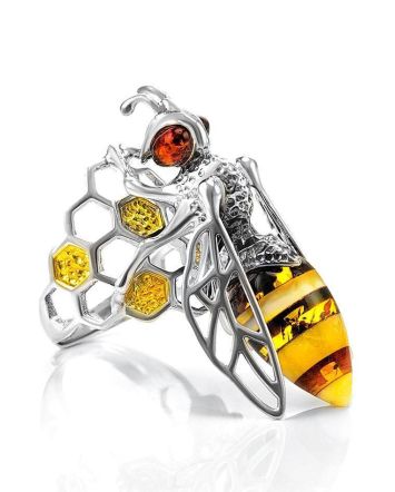 Cocktail Silver Ring With Honey Amber The Bee, Ring Size: Adjustable, image 
