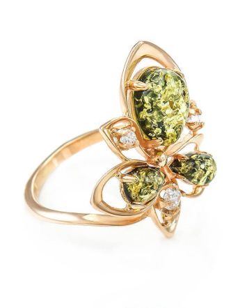 Green Amber Ring In Gold With Crystals The Edelweiss, Ring Size: 8 / 18, image 