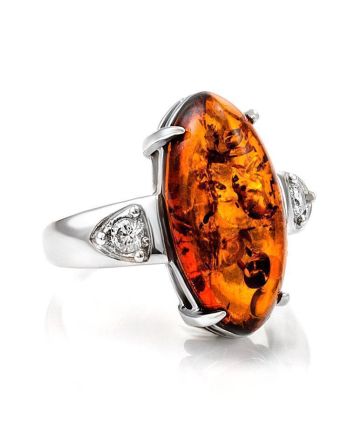 Voluptuous Cognac Amber Ring In Sterling Silver With Crystals The Penelope, Ring Size: 12 / 21.5, image 