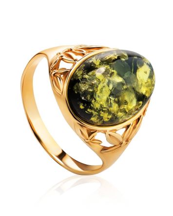 Green Amber Ring In Gold-Plated Silver The Carmen, Ring Size: 6 / 16.5, image 