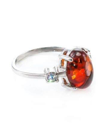 Classy Silver Ring With Cognac Amber And Crystals The Nostalgia, Ring Size: 11.5 / 21, image 