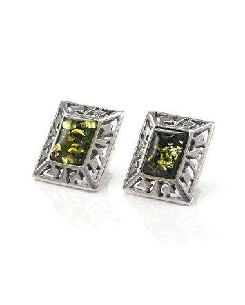 Elegant Silver Stud Earrings With Green Amber The Ithaca, image 