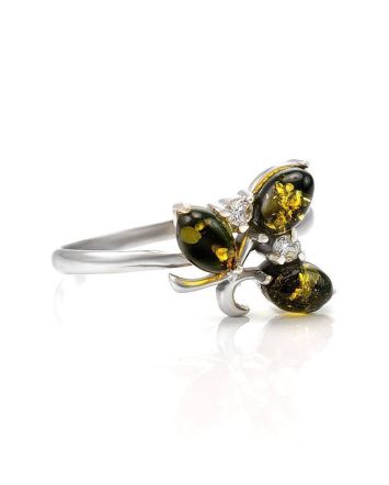 Cute Sterling Silver Ring With Green Amber And Crystals The Verbena, Ring Size: 12 / 21.5, image 