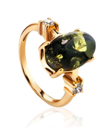 Classy Gold-Plated Ring With Green Amber And Crystals The Nostalgia, Ring Size: 12 / 21.5, image 