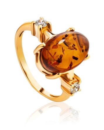 Gold-Plated Cocktail Ring With Cognac Amber And Crystals The Nostalgia, Ring Size: 11.5 / 21, image 
