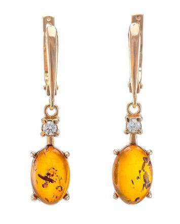 Bold Gold-Plated Drop Earrings With Cognac Amber With Crystals The Nostalgia, image 