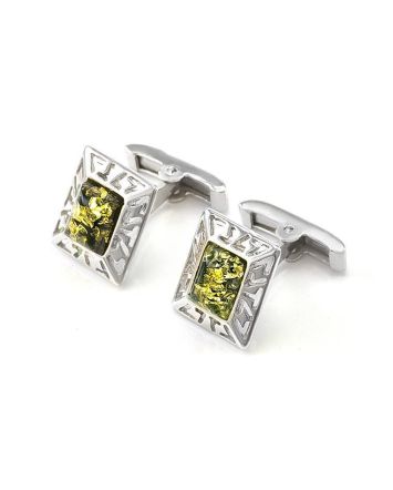 Geometric Silver Cufflinks With Green Amber The Ithaca, image 
