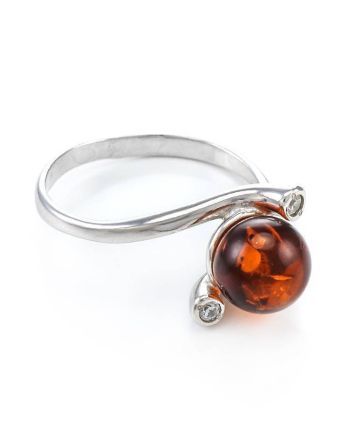 Cute Silver Ring With Cognac Amber And Crystals The Themis, Ring Size: 13 / 22, image 