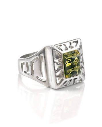 Bold Silver Signet Ring With Green Amber The Ellas, Ring Size: 7 / 17.5, image 