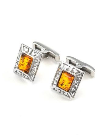 Stylish Geometric Cufflinks With Cognac Amber In Silver The Ithaca, image 
