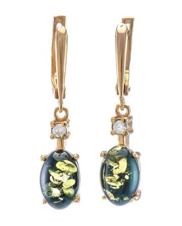 Gold-Plated Earrings With Green Amber And Crystals The Nostalgia, image 