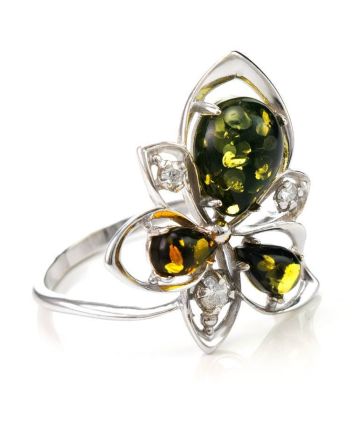 Sterling Silver Ring With Green Amber And Crystals The Edelweiss, Ring Size: 12 / 21.5, image 