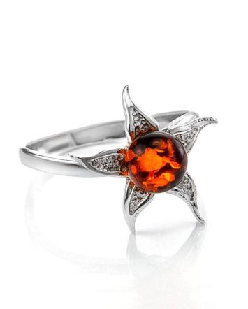 Wonderful Silver Ring With Cognac Amber The Persimmon, Ring Size: 12 / 21.5, image 