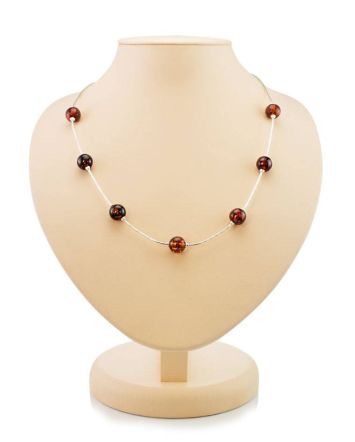 Silver Chain Necklace With Cherry Amber Beads, image 
