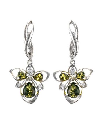 Bold Silver Earrings With Green Amber And Crystals The Edelweiss, image 