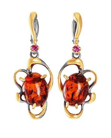 Drop Cognac Amber Earrings In Gold-Plated Silver With Crystals The Pompadour, image 